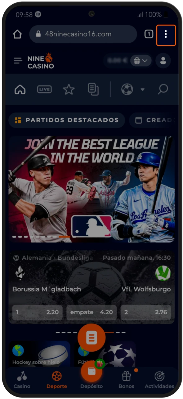 Para descargar la aplicación de casino en línea Nine Casino, abra el menú del navegador en su teléfono.