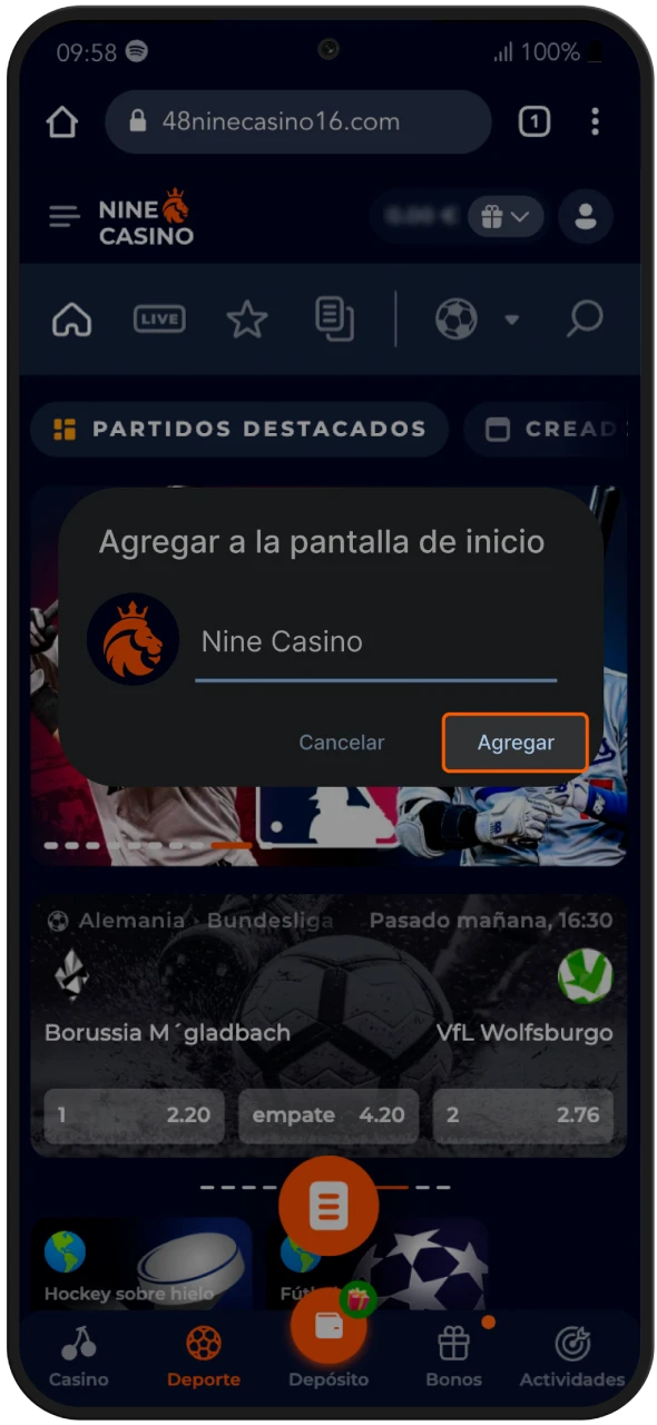 Confirme la instalación de la aplicación de casino en línea Nine Casino, espere hasta que se complete y comience a jugar.
