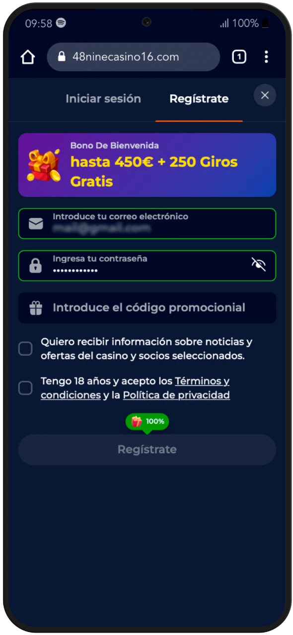 Para comenzar a instalar la aplicación de casino en línea Nine Casino, debe registrarse.