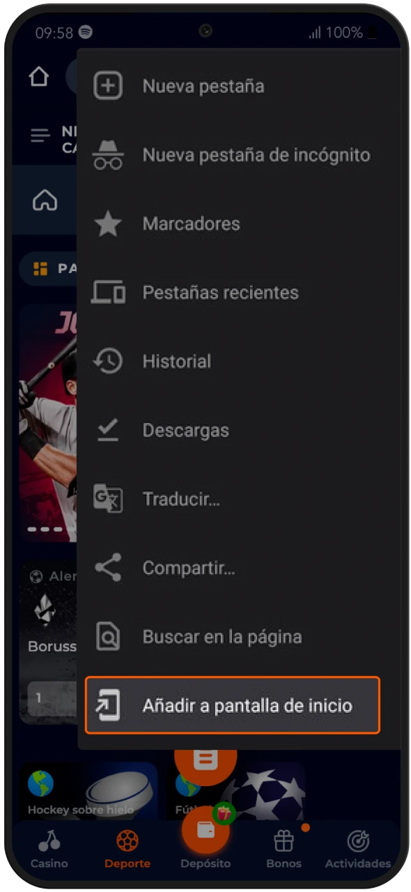 Seleccione agregar a la pantalla de inicio para descargar la aplicación de casino en línea Nine Casino a su teléfono Android.