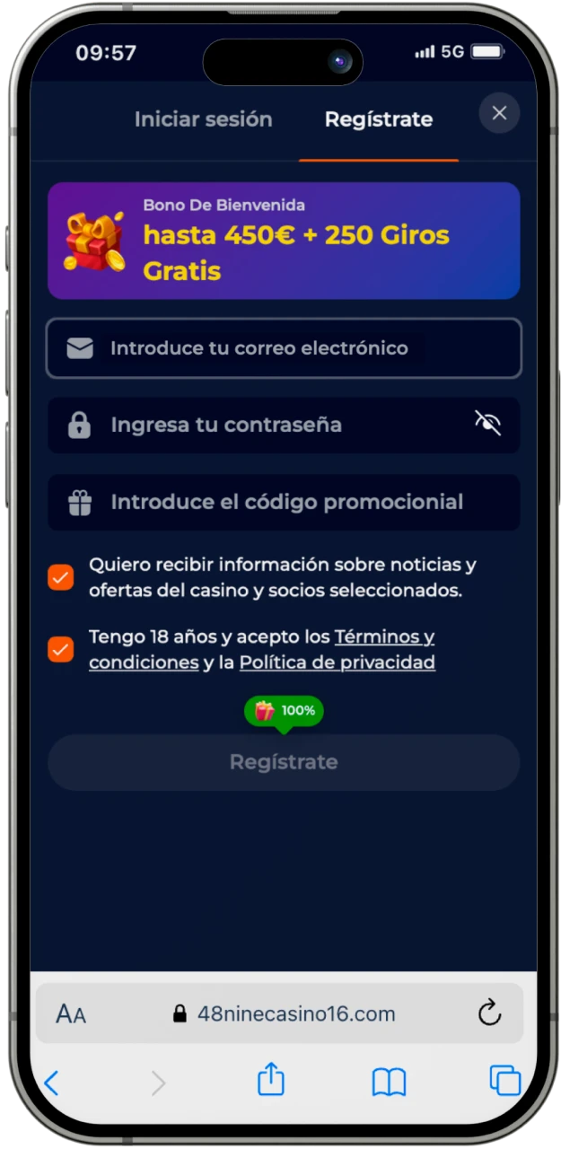 Antes de instalar la aplicación, debe iniciar sesión en el sitio web del casino en línea Nine Casino.