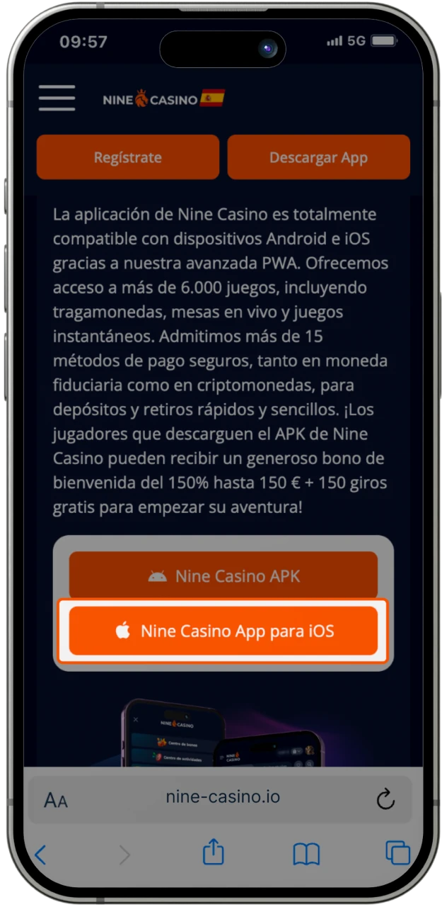 Descargue la aplicación de casino en línea Nine Casino para su teléfono iOS.