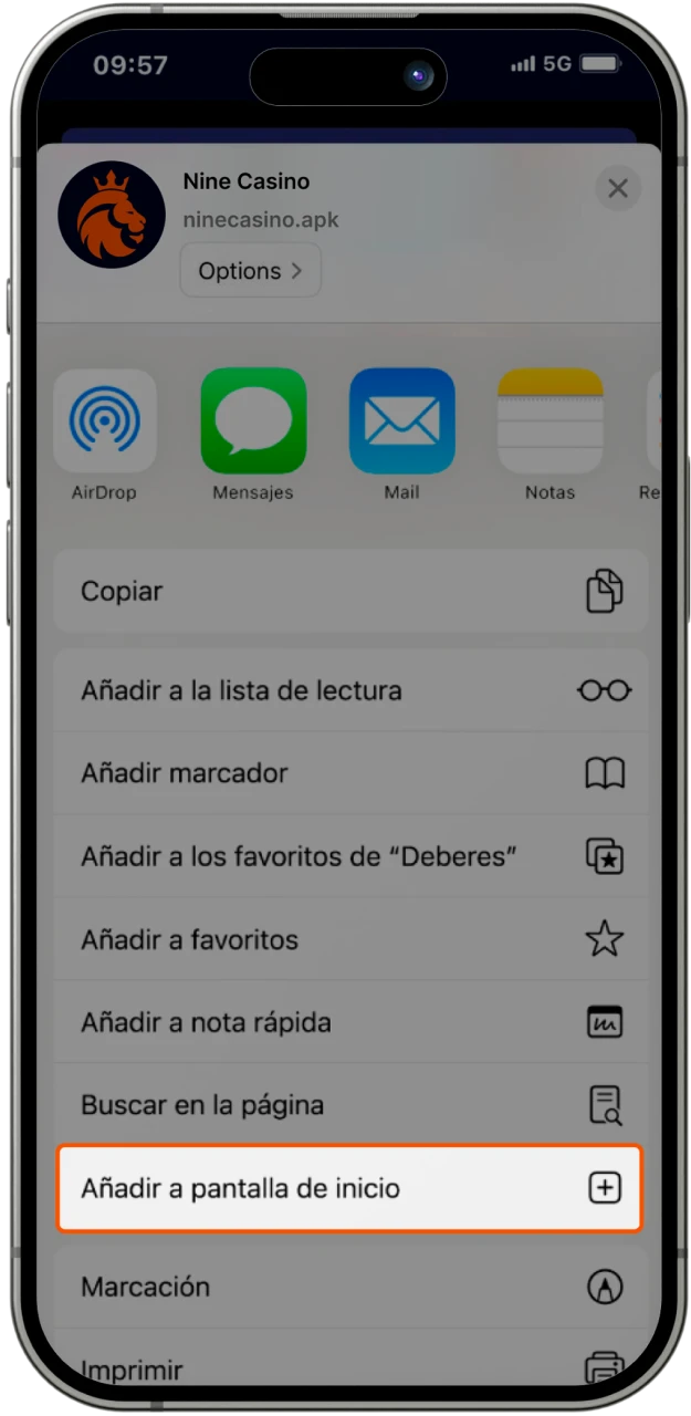 Haga clic en el botón compartir para comenzar a instalar la aplicación de casino en línea Nine Casino en su teléfono iOS.