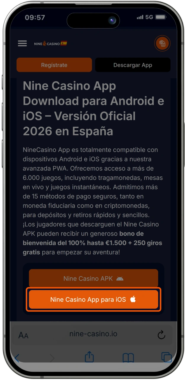 Descargue la aplicación de casino en línea Nine Casino para su teléfono iOS.