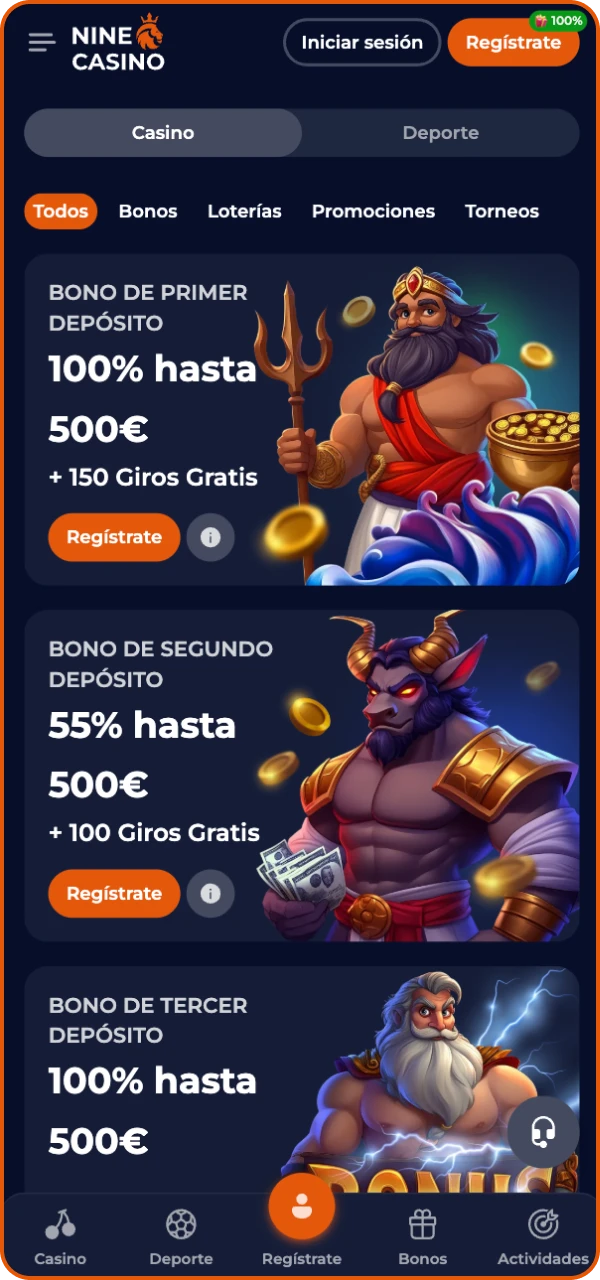 Activa bonos en el casino online Nine Casino.
