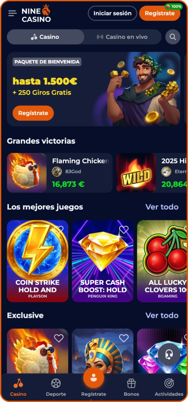 Juega tus juegos favoritos en la sección de juegos de casino del casino online Nine Casino.
