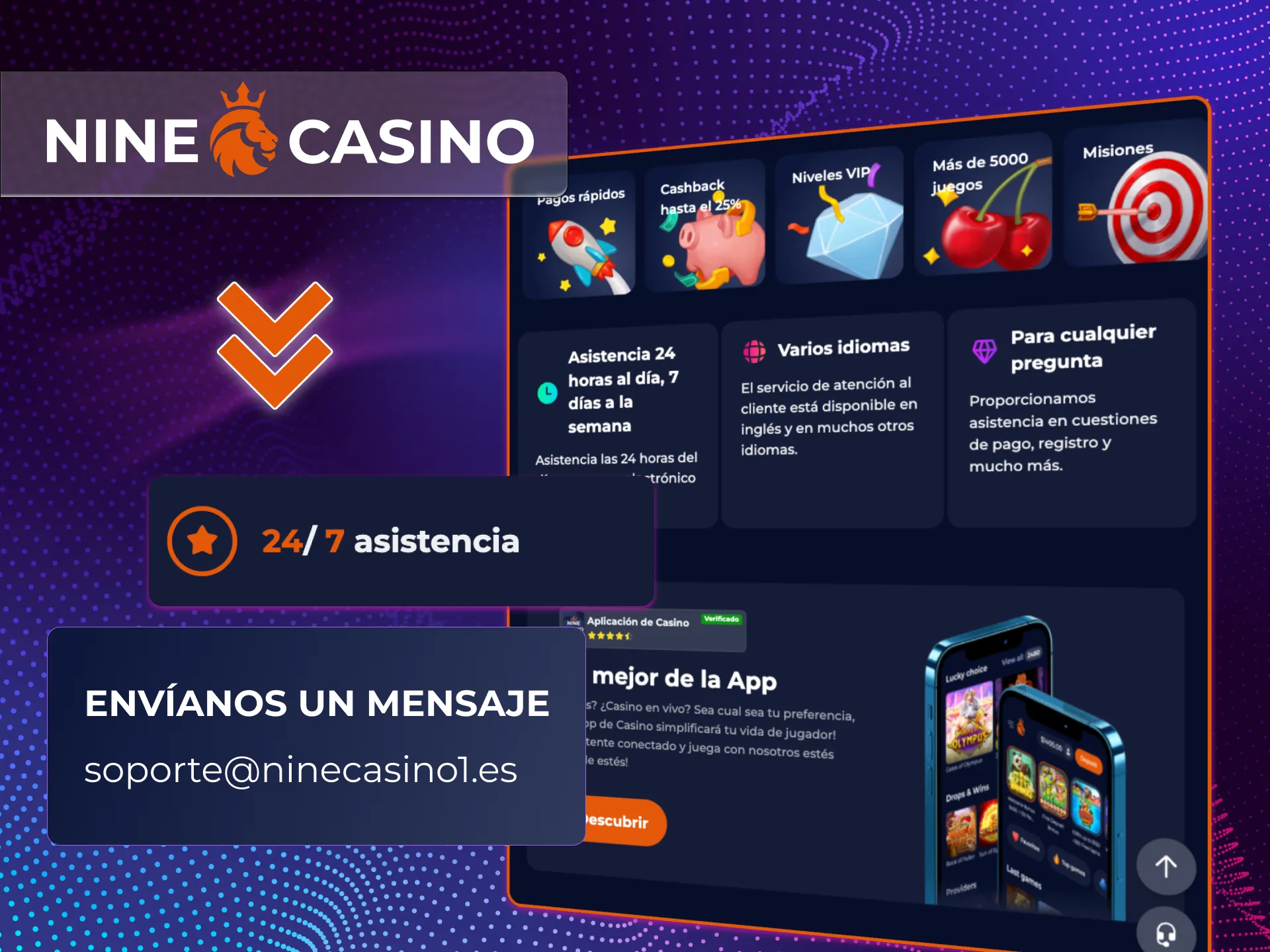 El casino en línea Nine Casino ofrece a sus jugadores soporte por correo electrónico.
