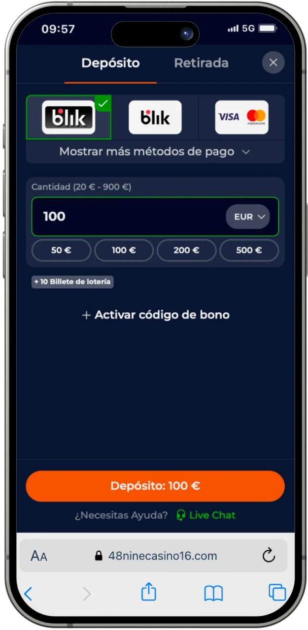 Complete el proceso del primer depósito en el casino en línea Nine Casino y el bono se aplicará automáticamente.