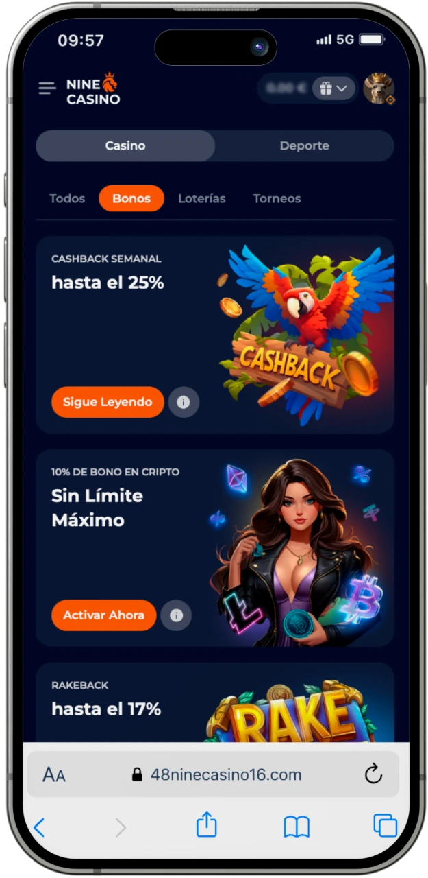 No olvides elegir tu bono de bienvenida después de registrarte en el sitio web del casino en línea Nine Casino.