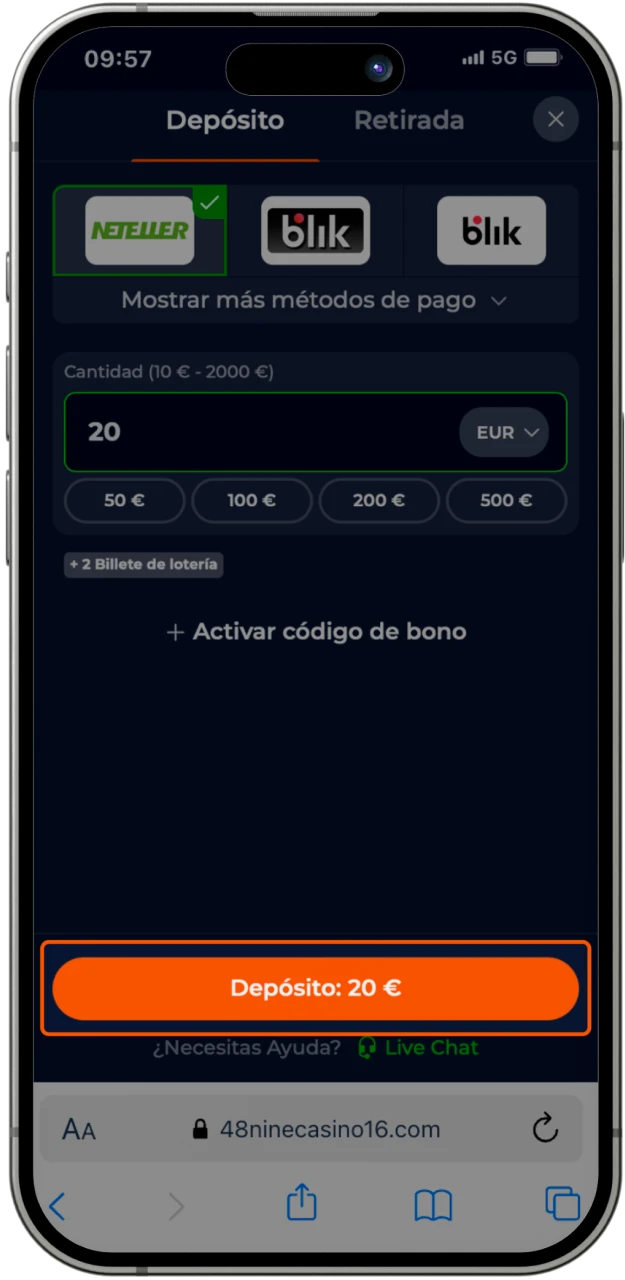 Complete los detalles requeridos al realizar un depósito y complete el proceso en el casino en línea Nine Casino.