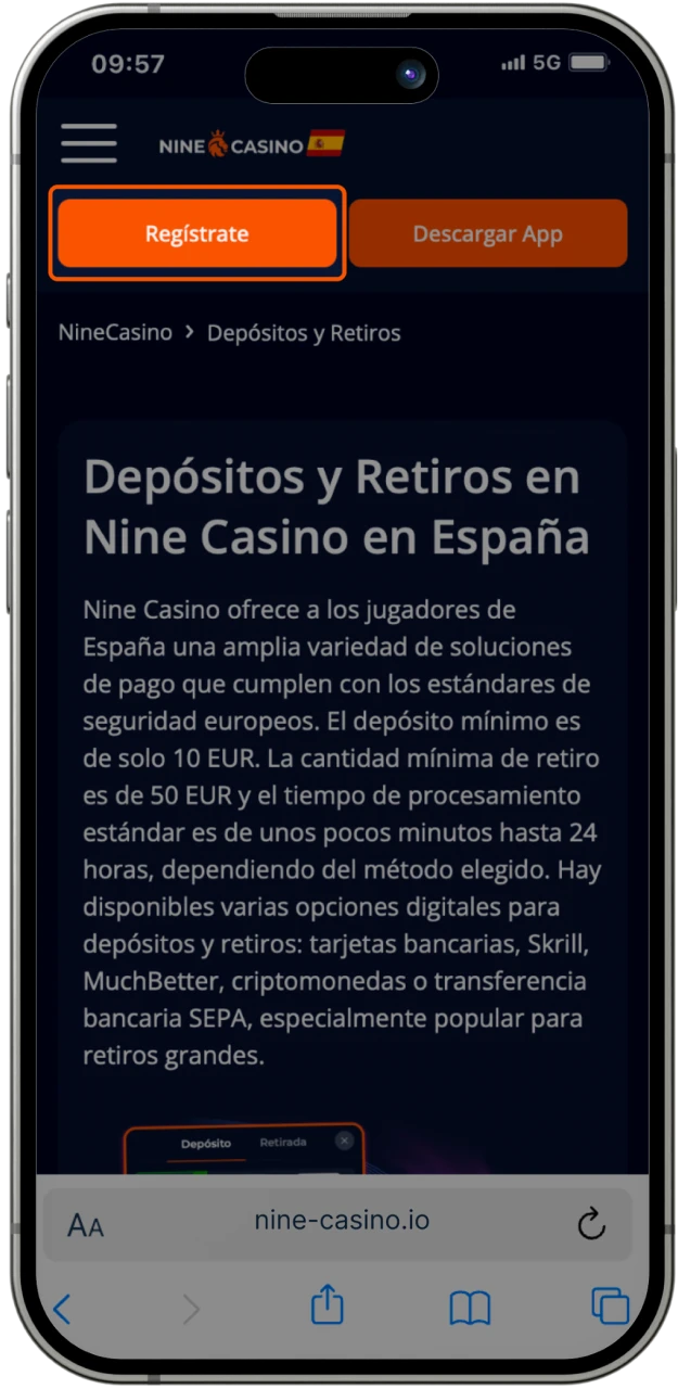 Inicie sesión en el sitio web del casino en línea Nine Casino para realizar un depósito.