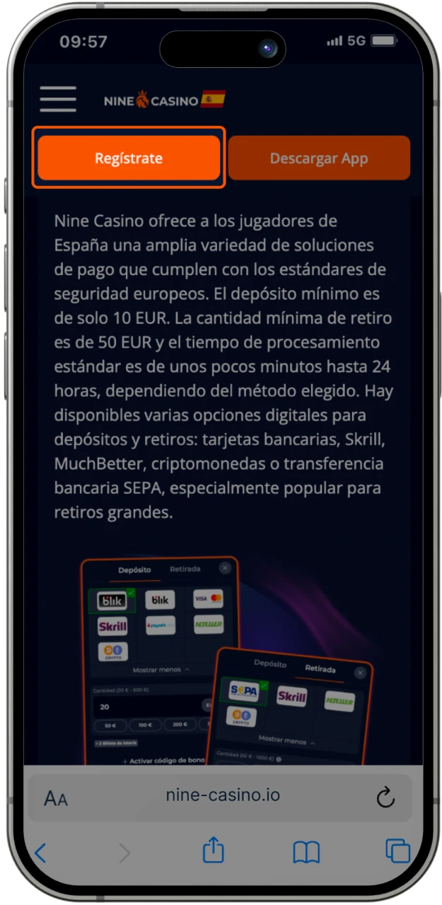 Antes de retirar dinero del casino en línea Nine Casino, debe iniciar sesión en su cuenta.