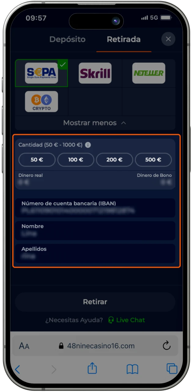 Complete todos los detalles de su cuenta al retirar dinero del casino en línea Nine Casino.