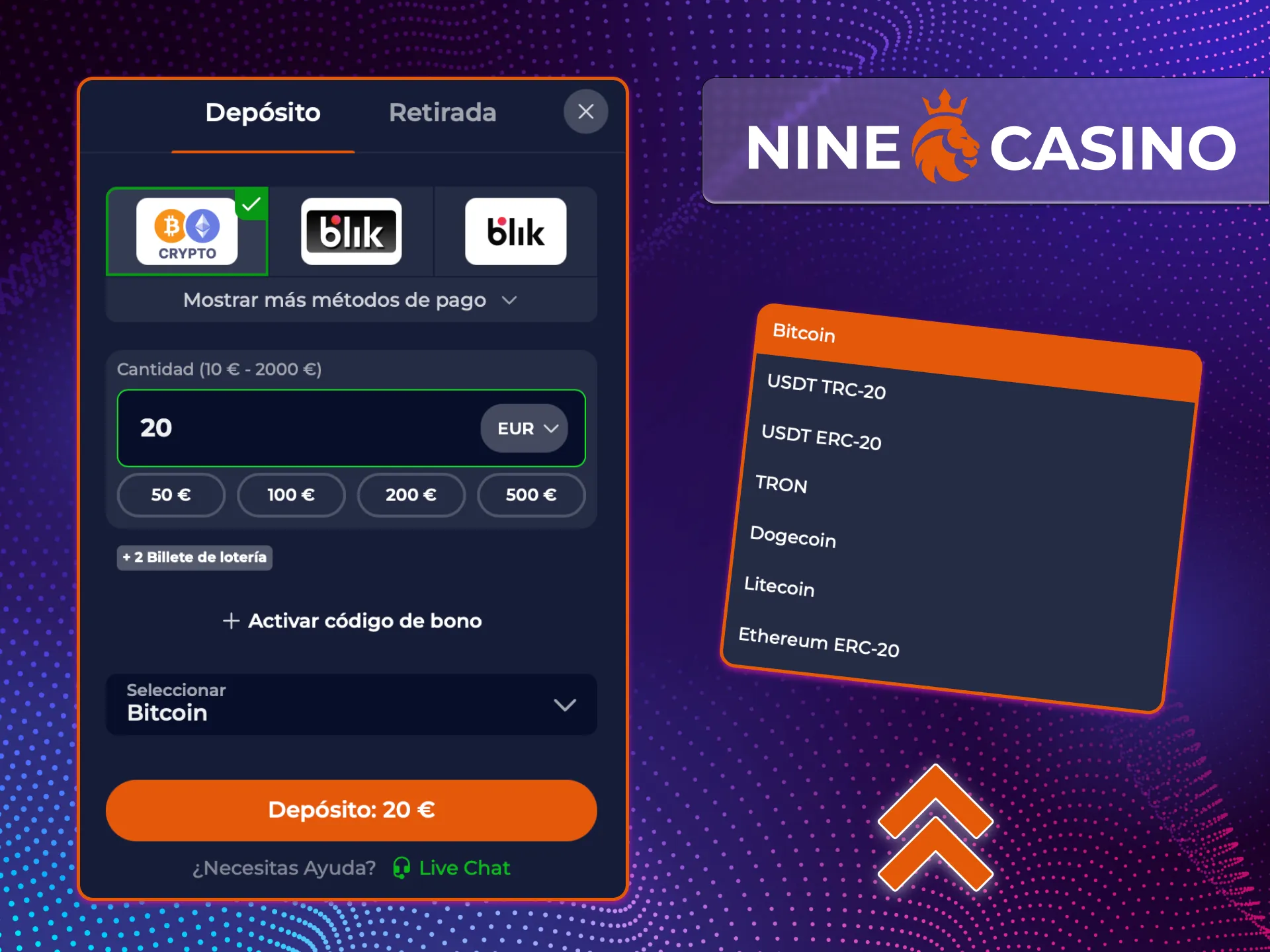 El casino en línea Nine Casino ofrece a los jugadores la oportunidad de realizar un depósito en criptomonedas.
