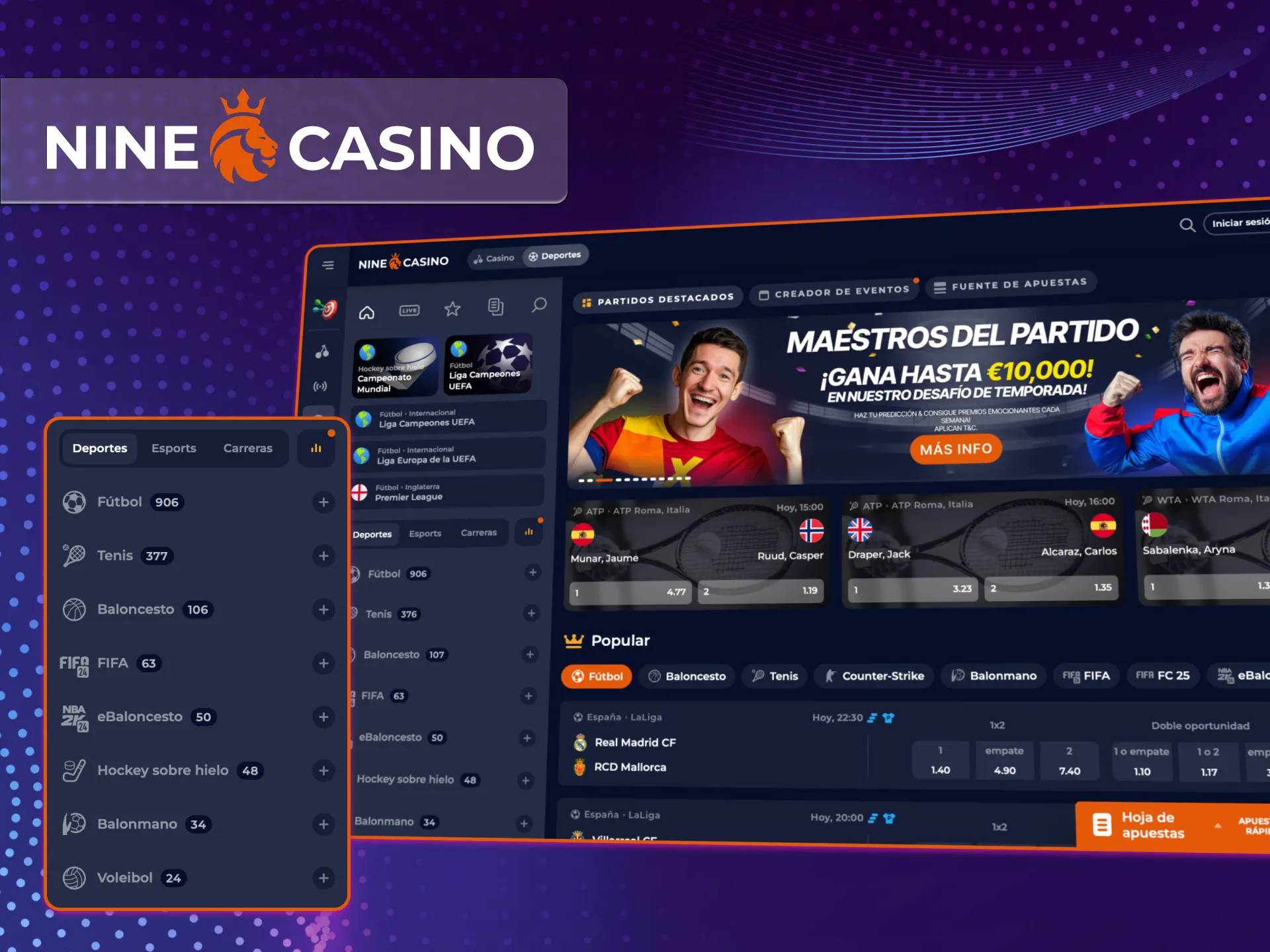 Realice apuestas en su equipo favorito en el casino en línea Nine Casino.