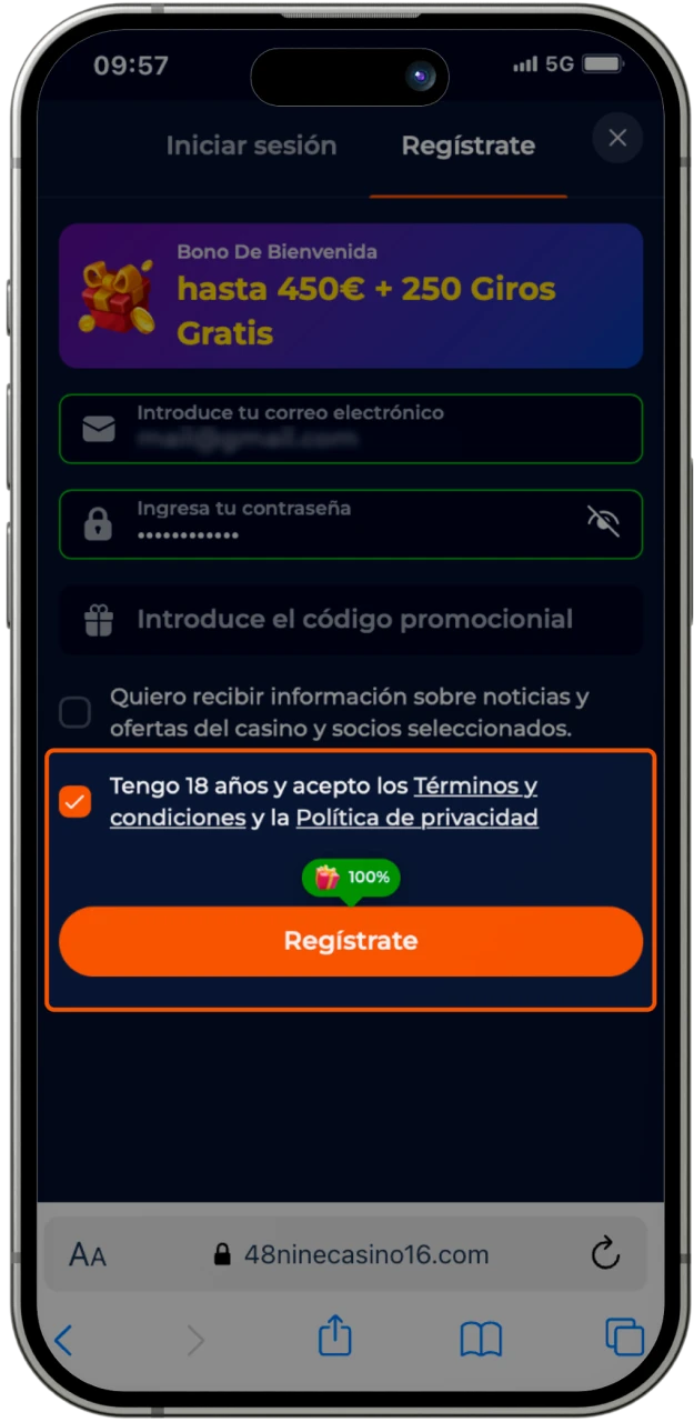 Completa el proceso de registro en el casino online Nine Casino y realiza tus apuestas deportivas.
