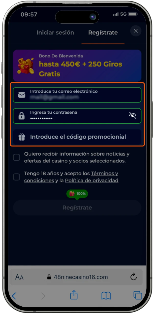 Al crear una nueva cuenta en el casino en línea Nine Casino, deberá ingresar sus datos, así como un código de promoción si lo hay.