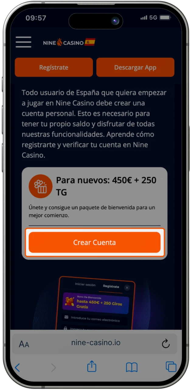 Visita el sitio web del casino en línea Nine Casino y regístrate.